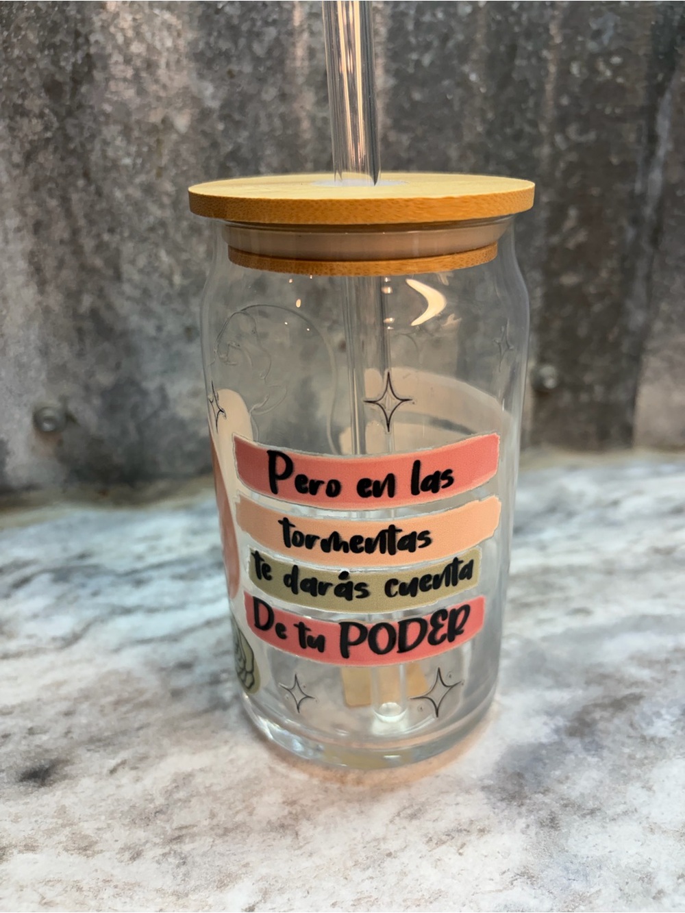 Pink Inspirational Glass Tumbler with Bamboo Lid and Straw